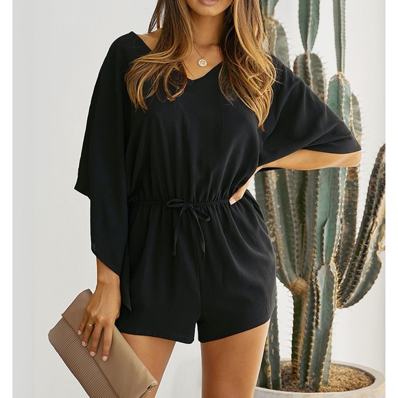 Black Batwing Sleeve Drawstring Chiffon Romper - Picture 4 of 5